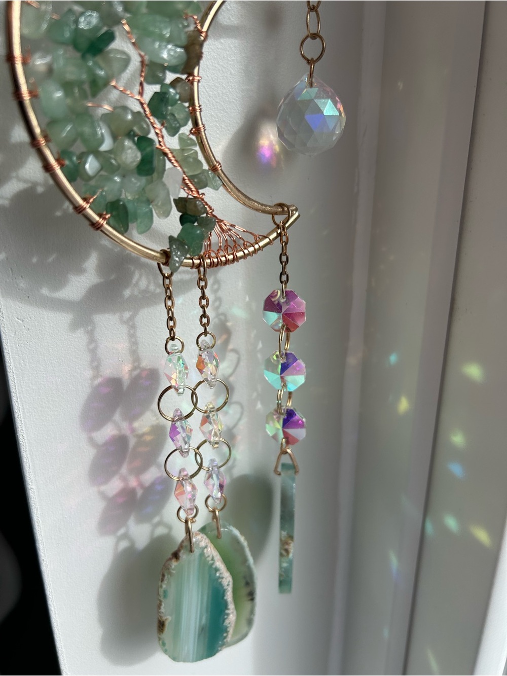 Celestial Moon Green Agate & Crystal Dangle Decor